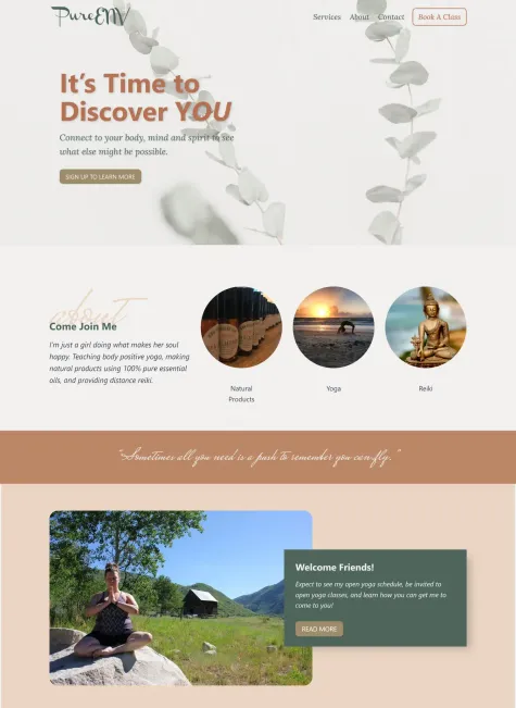 Screenshot of PureENV Yoga and Reiki homepage that Creatively Grown Digital Marketing built in WordPress with the Kadence Theme